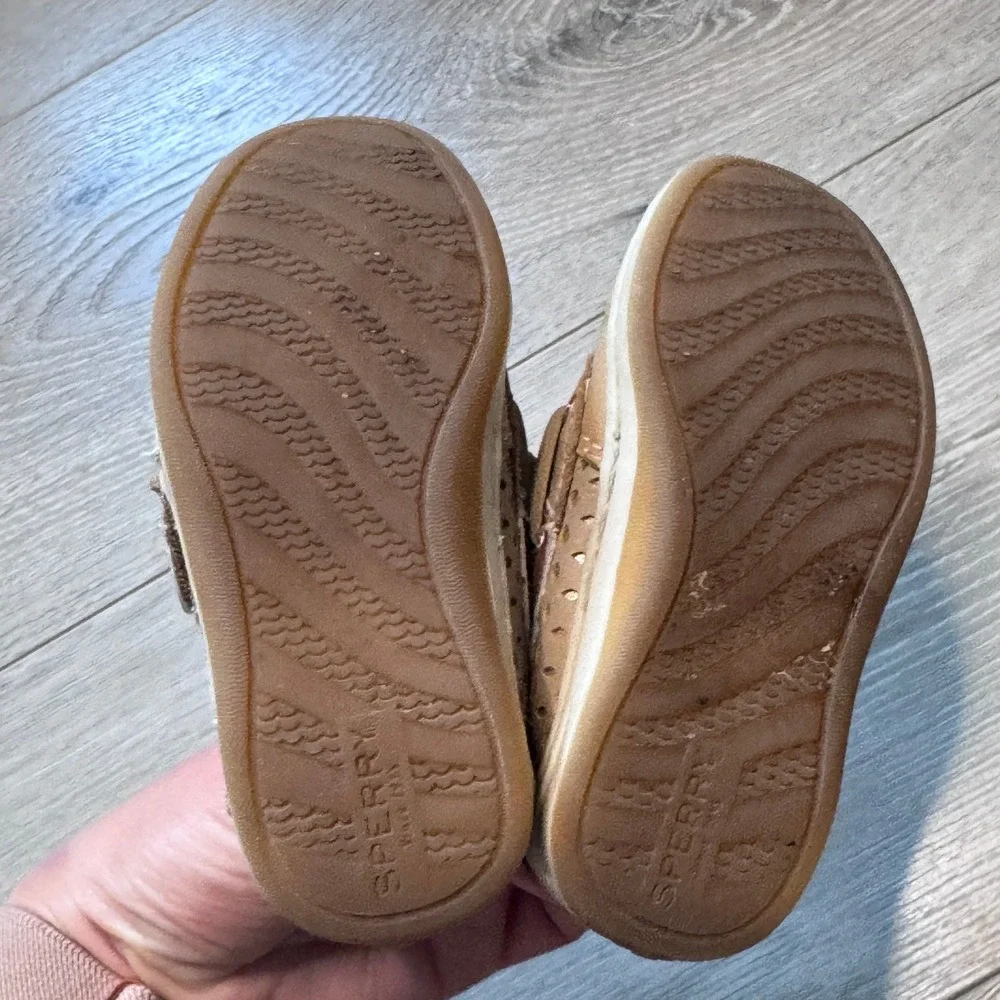 Sperry Songfish Jr Girls Metallic Tan Leather Boat Shoes Toddler Size 7